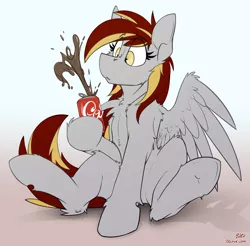 Size: 2478x2439 | Tagged: safe, artist:ralek, derpibooru import, oc, oc:tinker toy, unofficial characters only, pegasus, pony, coke, simple background, sitting, soda, soda can, solo, spray, surprised