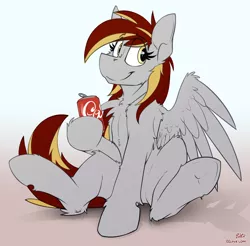 Size: 2478x2439 | Tagged: safe, artist:ralek, derpibooru import, oc, oc:tinker toy, unofficial characters only, pegasus, pony, coke, simple background, sitting, soda, soda can, solo