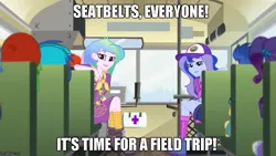 Size: 889x500 | Tagged: safe, derpibooru import, screencap, drama letter, flash sentry, princess celestia, princess luna, rarity, vinyl scratch, watermelody, equestria girls, legend of everfree, bus, caption, image macro, magic school bus, meme, principal celestia, vice principal luna