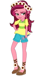 Size: 1800x3500 | Tagged: safe, artist:mixiepie, derpibooru import, gloriosa daisy, equestria girls, legend of everfree, clothes, freckles, full body, geode of fauna, geode of shielding, geode of super speed, geode of super strength, geode of telekinesis, magical geodes, microphone, raised eyebrow, raised leg, sandals, shorts, simple background, solo, transparent background, vector