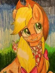 Size: 2448x3264 | Tagged: accessories, alternate hairstyle, applejack, artist:snowfoxythefox, bandana, blushing, bow, chest fluff, colored, colored pencil drawing, colored sketch, cowboy hat, derpibooru import, hat, lip bite, looking up, pencil, pencil drawing, pen drawing, safe, solo, traditional art