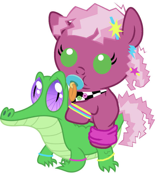 Size: 836x917 | Tagged: safe, artist:red4567, derpibooru import, cheerilee, gummy, pony, 80s, 80s cheerilee, 80s hair, baby, baby pony, cheeribetes, cute, pacifier, ponies riding gators, riding, weapons-grade cute