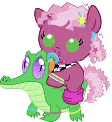 Size: 836x917 | Tagged: safe, artist:red4567, derpibooru import, cheerilee, gummy, pony, 80s, 80s cheerilee, 80s hair, baby, baby pony, cheeribetes, cute, pacifier, ponies riding gators, riding, weapons-grade cute