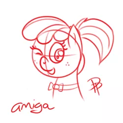 Size: 500x500 | Tagged: amiga, artist:glimglam, bowtie, derpibooru import, freckles, lineart, looking at you, monochrome, oc, oc:amiga, one eye closed, open mouth, ponified, ponytail, safe, sketch, solo, unofficial characters only, wink