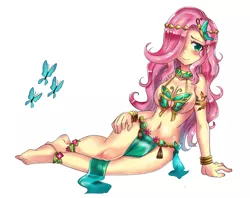 Size: 800x634 | Tagged: suggestive, artist:tzc, derpibooru import, fluttershy, butterfly, human, equestria girls, anklet, barefoot, belly button, belly dancer, belly dancer outfit, big breasts, blushing, breasts, busty fluttershy, cleavage, embarrassed, feet, female, frown, hair over one eye, humanized, loincloth, midriff, sexy, side, sideboob, simple background, slave outfit, solo, solo female, white background