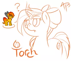 Size: 760x650 | Tagged: safe, artist:glimglam, derpibooru import, oc, oc:torch, unofficial characters only, pony, unicorn, pony town, fangs, fire, frown, hair bow, lineart, monochrome, pixel art, question mark, solo