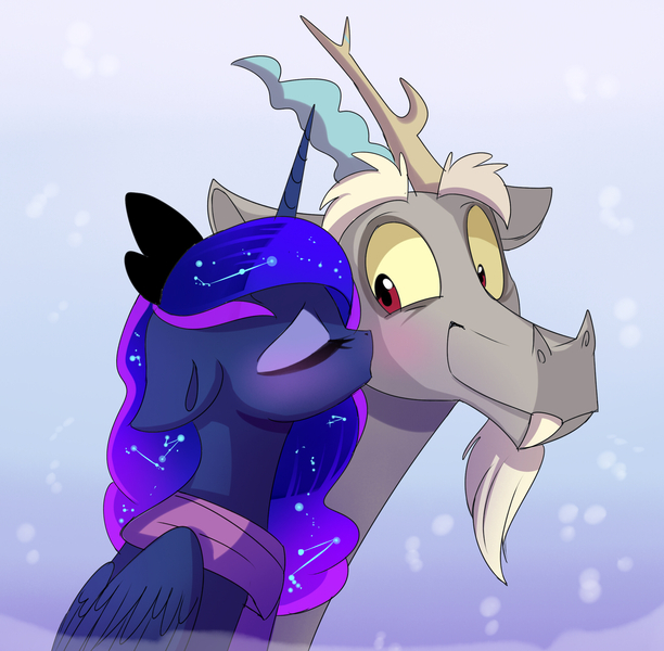 Size: 2174x2132 | Tagged: artist:elementalokami, derpibooru import, discord, female, kissing, lunacord, male, princess luna, safe, shipping, straight