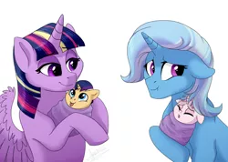 Size: 1024x731 | Tagged: safe, artist:scorpion-89, derpibooru import, trixie, twilight sparkle, twilight sparkle (alicorn), oc, oc:starfall, alicorn, pony, baby, baby pony, newborn, offspring, parent:flash sentry, parent:trixie, parent:twilight sparkle, parents:flashlight, tongue out