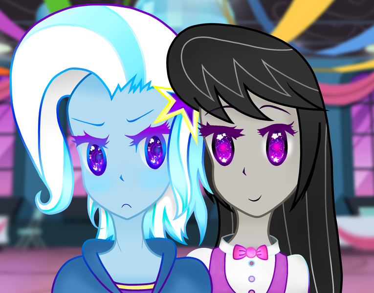 Size: 2300x1805 | Tagged: safe, artist:starwantrix, derpibooru import, octavia melody, trixie, equestria girls, blushing, colorful, cute, diatrixes, female, humanized, lesbian, shipping, smiling, trixtavia