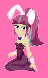 Size: 1000x1600 | Tagged: suggestive, artist:jadoc-san, derpibooru import, sour sweet, equestria girls, friendship games, bunny ears, bunny suit, clothes, crystal prep shadowbolts, cuffs (clothes), cute, freckles, kneeling, leotard, looking at you, missing shoes, playboy, playboy bunny, solo, unamused