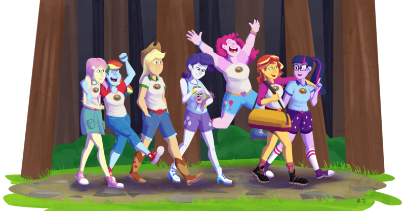 Size: 1600x832 | Tagged: safe, artist:thespectral-wolf, derpibooru import, applejack, fluttershy, pinkie pie, rainbow dash, rarity, sci-twi, spike, spike the regular dog, sunset shimmer, twilight sparkle, dog, equestria girls, legend of everfree, clothes, converse, humane seven, shoes, sneakers