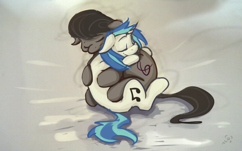 Size: 1440x900 | Tagged: safe, artist:cometakat, derpibooru import, octavia melody, vinyl scratch, pony, cuddling, female, hug, lesbian, mare, scratchtavia, shipping, simple background, snuggling