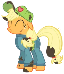 Size: 7000x8100 | Tagged: absurd resolution, applejack, artist:tardifice, belt, cap, clothes, coveralls, cute, derpibooru import, dirty, eyes closed, floppy ears, hat, jackabetes, mechanic, mechanic coveralls, pants, photoshop, safe, simple background, smiling, solo, the cart before the ponies, transparent background, vector