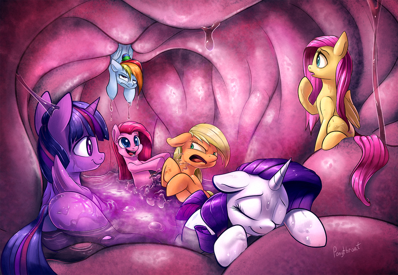 Size: 1500x1039 | Tagged: questionable, artist:ponythroat, derpibooru import, applejack, fluttershy, pinkie pie, rainbow dash, rarity, twilight sparkle, twilight sparkle (alicorn), alicorn, pony, annoyed, endosoma, eyes closed, female, fetish, flutterprey, happy, inside stomach, internal, mane six, non-fatal vore, open mouth, pinkamena diane pie, pinkie prey, playing, plot, preydash, preyjack, preylight, rainbow dash is not amused, raised hoof, rariprey, signature, sitting, sleeping, splashing, stomach, stomach acid, stuck, unamused, vore