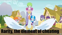 Size: 1279x722 | Tagged: safe, derpibooru import, screencap, crackle pop, derpy hooves, rarity, sugar stix, sweetie belle, tender brush, winter lotus, pegasus, pony, the cart before the ponies, cheating, female, mare, meme, swanlestia, swanlestia cart