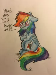 Size: 2448x3264 | Tagged: safe, artist:snowfoxythefox, derpibooru import, rainbow dash, angry, blushing, blushing profusely, chest fluff, colored, colored pencil drawing, colored sketch, crossed arms, cute, dashabetes, female, floppy ears, i'm not cute, pencil, pencil drawing, scrunchy face, solo, speech bubble, talking, talking to viewer, traditional art, tsunderainbow, tsundere