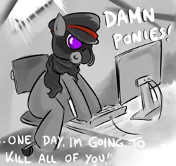 Size: 712x673 | Tagged: 4chan, anonymous artist, chair, computer, derpibooru import, gas mask, hat, keyboard, oc, oc:the wastelander, romantically apocalyptic, semi-grimdark, text, unofficial characters only, vulgar, zee captain