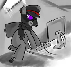 Size: 712x673 | Tagged: safe, anonymous artist, derpibooru import, oc, oc:the wastelander, unofficial characters only, 4chan, chair, computer, gas mask, hat, keyboard, romantically apocalyptic, story included, zee captain