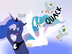 Size: 1600x1200 | Tagged: artist:dragonpone, behaving like a bird, chest fluff, crown, derpibooru import, duck, ducklestia, duck pony, eyes closed, facehoof, feather, gooselestia, hoof shoes, jewelry, luna is not amused, majestic as fuck, mallard, necklace, pond, princess celestia, princess luna, quack, regalia, safe, swanlestia, this is why we can't have nice things, unamused