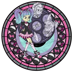 Size: 1280x1271 | Tagged: safe, artist:aqua-pony, derpibooru import, photo finish, pixel pizazz, violet blurr, equestria girls, clothes, crossover, disney, dive to the heart, glasses, group, headband, inkscape, kingdom hearts, simple background, spikes, stained glass, the snapshots, transparent background, vector