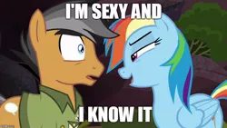 Size: 888x500 | Tagged: derpibooru import, edit, edited screencap, female, image macro, lmfao, male, meme, quibbledash, quibble pants, rainbow dash, rainbow dash seduces quibble pants, screencap, sexy and i know it (lmfao), shipping, song reference, straight, suggestive