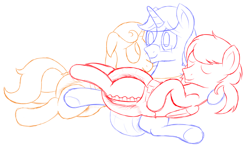 Size: 5105x3017 | Tagged: artist:thelegitimantis, cuddling, derpibooru import, diaper, diaper fetish, happy, oc, oc:bluestar, oc:skydiver, oc:vector scamp, poofy diaper, questionable, sketch, sleeping, snuggling, unofficial characters only, wip