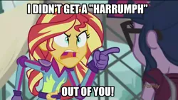 Size: 1280x720 | Tagged: safe, derpibooru import, edit, edited screencap, screencap, sci-twi, sunset shimmer, twilight sparkle, equestria girls, friendship games, blazing saddles, discovery family logo, image macro, meme, sunset yells at twilight