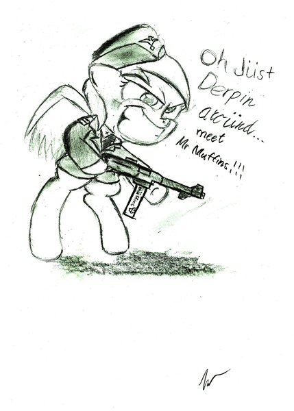 Size: 1496x2094 | Tagged: safe, artist:mrnein9, derpibooru import, derpy hooves, pegasus, pony, epaulettes, epic derpy, female, grin, gun, hat, mare, military uniform, monochrome, mp40, nazi, necktie, reichsadler, say hello to my little friend, scarface, shadow, simple background, smiling, solo, submachinegun, umlaut, weapon, white background