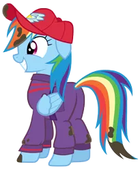 Size: 7000x8516 | Tagged: absurd resolution, artist:tardifice, belt, cap, clothes, derpibooru import, dirty, hat, mechanic, mechanic coveralls, pants, photoshop, plot, rainbow dash, safe, simple background, smiling, solo, the cart before the ponies, transparent background, vector