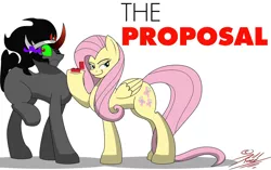 Size: 1024x645 | Tagged: safe, artist:killkatt, derpibooru import, fluttershy, king sombra, pegasus, pony, unicorn, colored horn, curved horn, female, horn, male, mare, marriage proposal, parody, ring, shipping, sombra eyes, sombra's horn, sombrashy, stallion, straight, text, worried