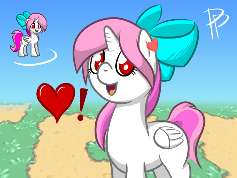 Size: 800x600 | Tagged: safe, artist:glimglam, derpibooru import, oc, unofficial characters only, alicorn, pony, pony town, alicorn oc, ear piercing, earring, exclamation point, hair bow, heart, jewelry, open mouth, piercing, red eyes, requested art, solo, spoken heart