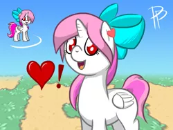 Size: 800x600 | Tagged: safe, artist:glimglam, derpibooru import, oc, unofficial characters only, alicorn, pony, pony town, alicorn oc, ear piercing, earring, exclamation point, hair bow, heart, jewelry, open mouth, piercing, red eyes, requested art, solo, spoken heart