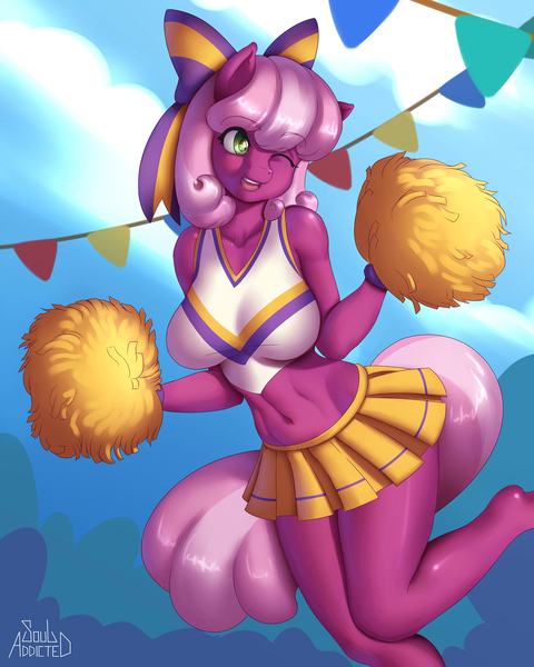 Size: 2000x2500 | Tagged: anthro, artist:souladdicted, belly button, breasts, busty cheerilee, cheeribetes, cheerilee, cheerileeder, cheerleader, clothes, curvy, cute, derpibooru import, female, legs, midriff, miniskirt, one eye closed, open mouth, pleated skirt, pom pom, sexy, skirt, solo, solo female, stupid sexy cheerilee, suggestive, the cart before the ponies, wink