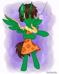 Size: 550x686 | Tagged: safe, artist:sarikashy, derpibooru import, oc, oc:frost d. tart, unofficial characters only, alicorn, pony, alicorn oc, bipedal, clothes, crossdressing, dancing, dress, flower, flower necklace, hula, hula dance, hypnosis, hypnotized, lei, pendulum, pendulum swing, request, solo, swirly eyes