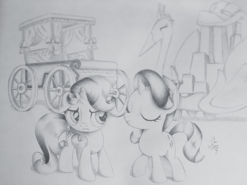 Size: 4032x3022 | Tagged: artist:theasce, cutie mark, derpibooru import, eyes closed, filly, monochrome, raised hoof, rarity, safe, sisters, sweetie belle, the cart before the ponies, the cmc's cutie marks, traditional art, younger