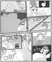 Size: 1067x1280 | Tagged: suggestive, artist:unknownwolf, derpibooru import, big macintosh, soarin', earth pony, pony, belly, bigger macintosh, bloated, burp, chubby cheeks, comic, commission, commission comic, commission comic:anonymous, drool, eating, fat, hungry, macro, male, moobs, musclegut, muscles, neck fat, neck roll, onomatopoeia, soarchub, stallion, stomach noise, stuffed, weight gain