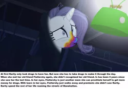 Size: 1280x892 | Tagged: 28 pranks later, cookie zombie, derpibooru import, discovery family logo, drugs, edit, edited screencap, implied fluttershy, not even once, ponestrip, rarity, screencap, semi-grimdark, solo, text