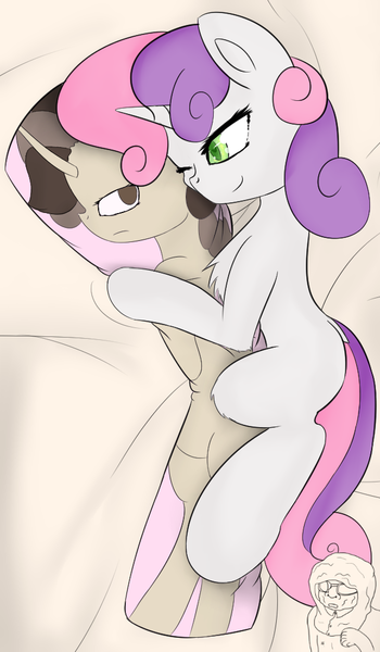 Size: 610x1047 | Tagged: artist:jonathan the awesome, body pillow, derpibooru import, hug, implied raribelle, oc, oc:jona clay, safe, sweetie belle