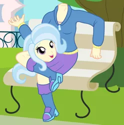 Size: 1986x2001 | Tagged: safe, artist:badumsquish, derpibooru import, trixie, dullahan, equestria girls, bench, boots, clothes, cute, detachable head, diatrixes, disembodied head, female, grin, happy, headless, hoodie, human coloration, looking at you, modular, not salmon, open mouth, reclining, shoes, sitting, skirt, smiling, solo, wat, waving