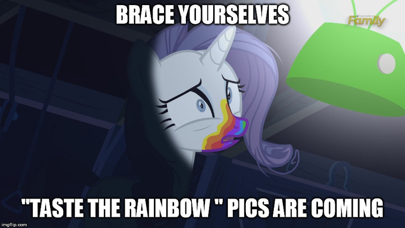 Size: 889x500 | Tagged: 28 pranks later, brace yourselves, caption, cookie zombie, derpibooru import, discovery family logo, edit, edited screencap, image macro, meme, rarity, safe, screencap, solo, taste the rainbow