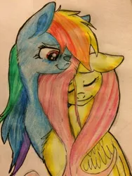 Size: 2448x3264 | Tagged: source needed, safe, artist:snowfoxythefox, derpibooru import, fluttershy, rainbow dash, pony, blushing, colored, colored pencil drawing, colored sketch, cuddling, cute, eyes closed, female, flutterdash, lesbian, love, mare, pencil, pencil drawing, shipping, smiling, snuggling, traditional art