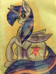 Size: 2448x3264 | Tagged: safe, artist:snowfoxythefox, derpibooru import, twilight sparkle, twilight sparkle (alicorn), alicorn, pony, chest fluff, colored, colored pencil drawing, colored sketch, pencil, pencil drawing, pose, simple background, smiling, solo, traditional art