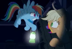 Size: 698x468 | Tagged: safe, derpibooru import, screencap, applejack, rainbow dash, pony, 28 pranks later, cookie zombie, lantern, scared, scaredy dash