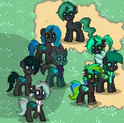 Size: 304x301 | Tagged: changeling, derpibooru import, group, group photo, hair bow, oc, pony town, safe, unofficial characters only