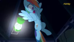 Size: 2208x1242 | Tagged: safe, derpibooru import, screencap, rainbow dash, pony, 28 pranks later, dark, discovery family logo, flying, lantern, scared, scaredy dash, screaming, solo