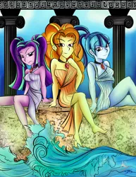 Size: 900x1165 | Tagged: safe, artist:animechristy, derpibooru import, adagio dazzle, aria blaze, sonata dusk, equestria girls, barefoot, bedroom eyes, clothes, feet, frown, glare, greek, jewelry, looking at you, necklace, pillar, rock, sitting, sky, smiling, the dazzlings, toga, water, wave