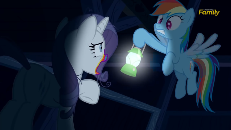 Size: 2208x1242 | Tagged: safe, derpibooru import, screencap, rainbow dash, rarity, pony, zombie, zombie pony, 28 pranks later, cookie zombie, dark, discovery family logo, lantern, rainbow, scared, scaredy dash, youtube link