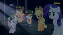 Size: 2208x1242 | Tagged: safe, derpibooru import, screencap, apple bloom, applejack, rarity, scootaloo, sweetie belle, pony, zombie, 28 pranks later, clothes, cutie mark crusaders, dark, discovery family logo, filly guides, uniform