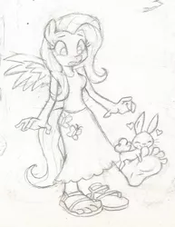 Size: 499x646 | Tagged: angel bunny, anthro, artist:dertikleen, barefoot, clothes, derpibooru import, feet, fluttershy, foot fetish, foot worship, monochrome, one shoe off, plantigrade anthro, sandals, skirt, suggestive, tanktop, traditional art