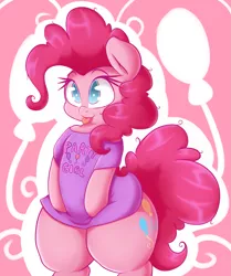 Size: 2033x2428 | Tagged: safe, artist:graphene, derpibooru import, pinkie pie, semi-anthro, bipedal, chubby, clothes, cute, diapinkes, female, mare, no pupils, shirt, solo, thighs, thunder thighs, tongue out